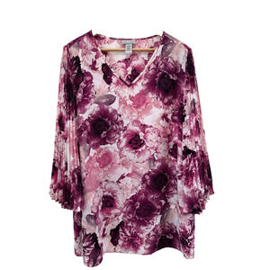 Catherines Pink Floral Tunic Top Sz 1X Accordian Wide Bell Sleeves Peasant Boho